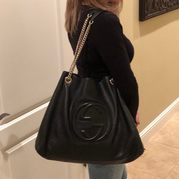 Gucci Interlocking G Soho Chain Large Shoulder Bag Purse Black Rare all Leather - Picture 17 of 17